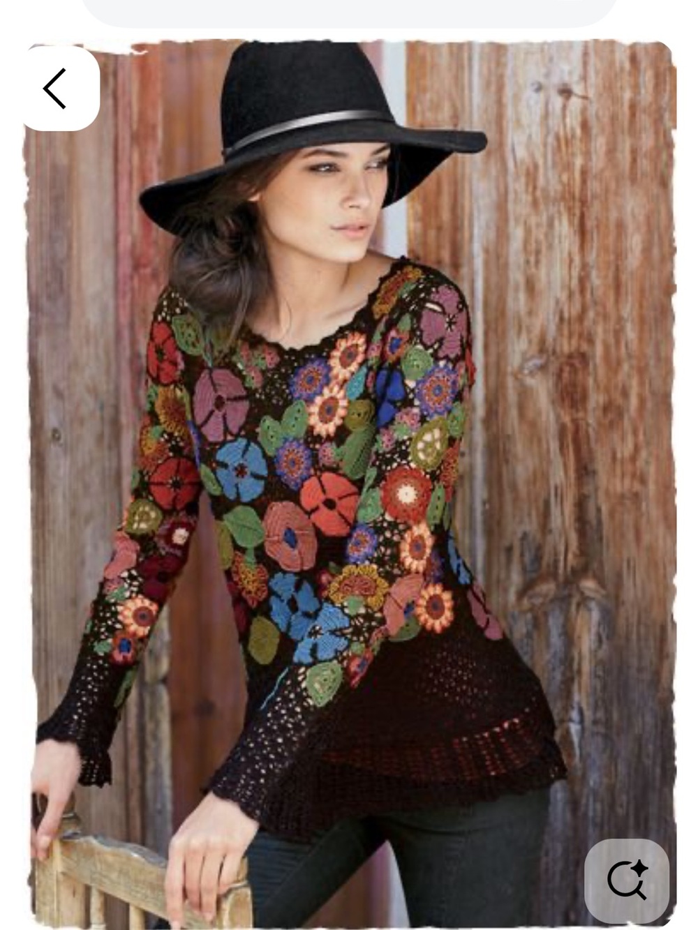 Peruvian Connection Black Crochet Floral Appliqué Sweater-Size Medium